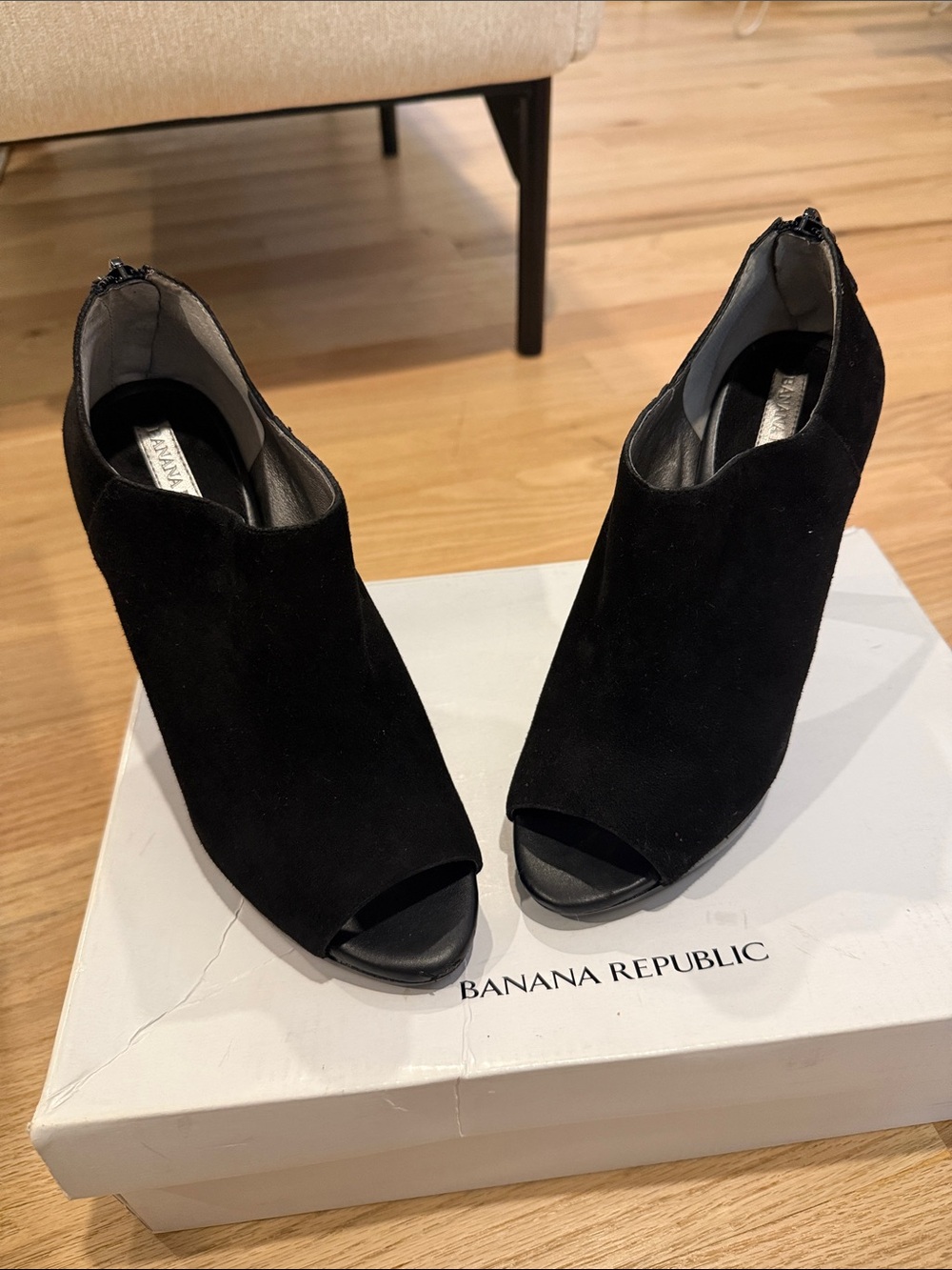Banana Republic Black Suede Peep-Toe Heeled Booties